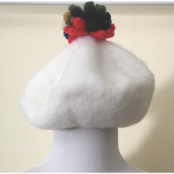 Vintage Beret White Felt With Pom Pom hat Ooh La La! - Picture 9 of 12